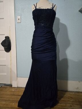 Navy Beaded Spaghetti-Strap Evening Gown